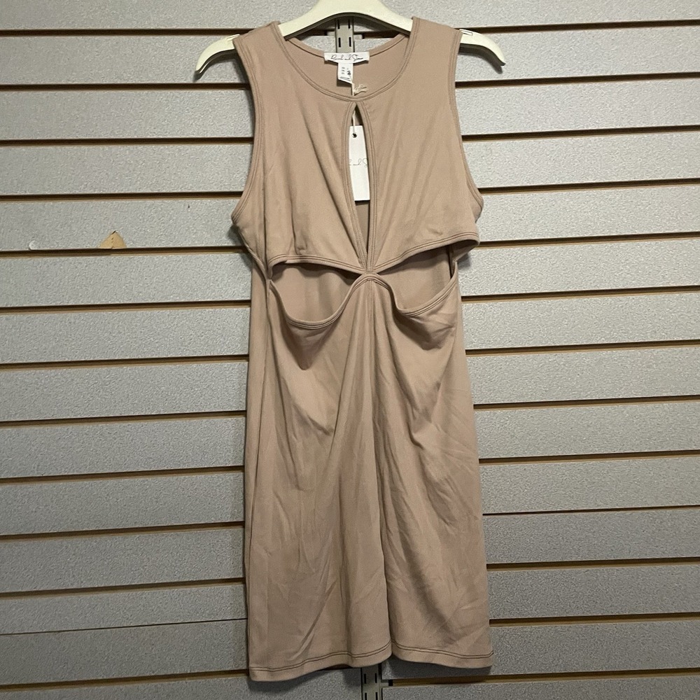 NWTS Birch & Stone Tan Ribbed Knit Fitted Sexy Dress Large Stomach Chest Cut Out